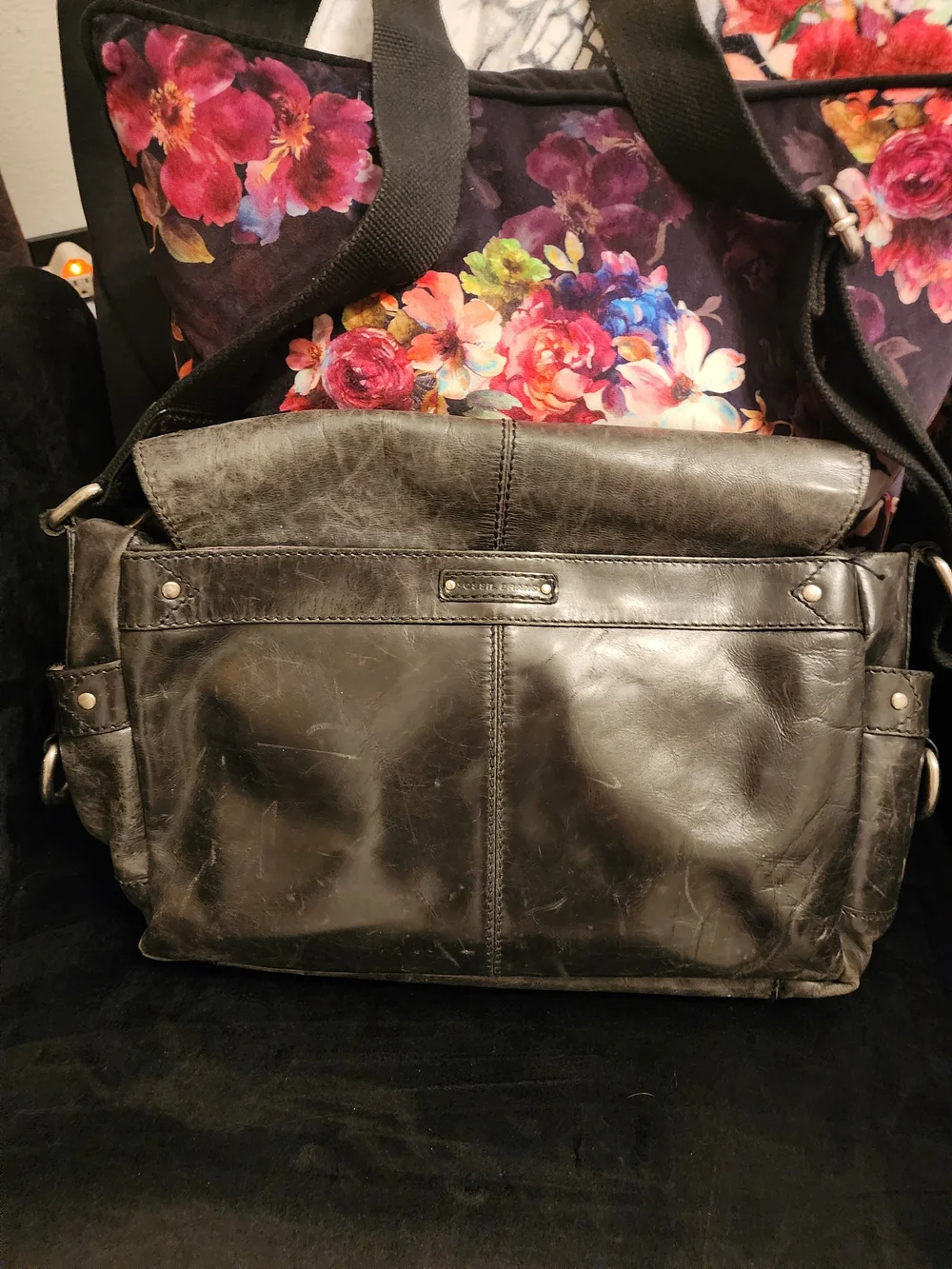 Fossil Black Leather Messenger Laptop Bag with Adjustable Strap
